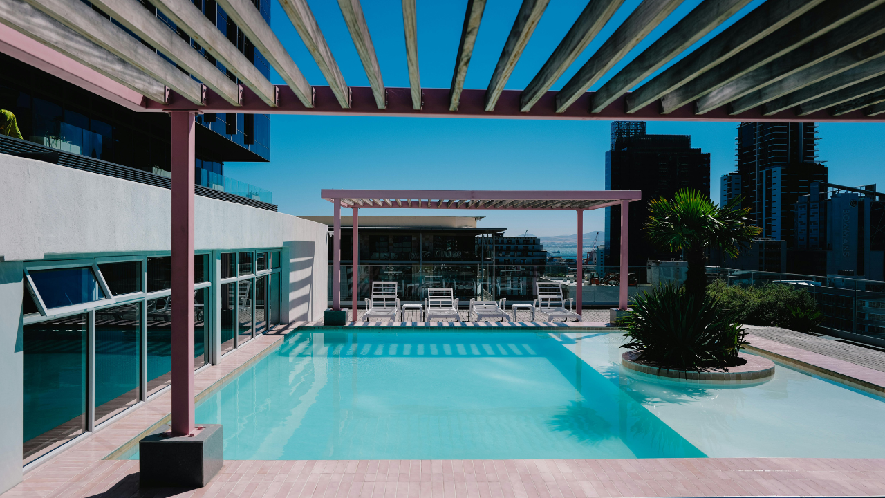 Indoor swimming pool with ambient lighting
